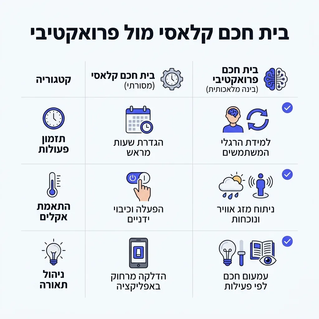אינפוגרפיקה — בית חכם קלאסי מול פרואקטיבי: השוואה בין שליטה מסורתית, מבוסס בינה מלאכותית