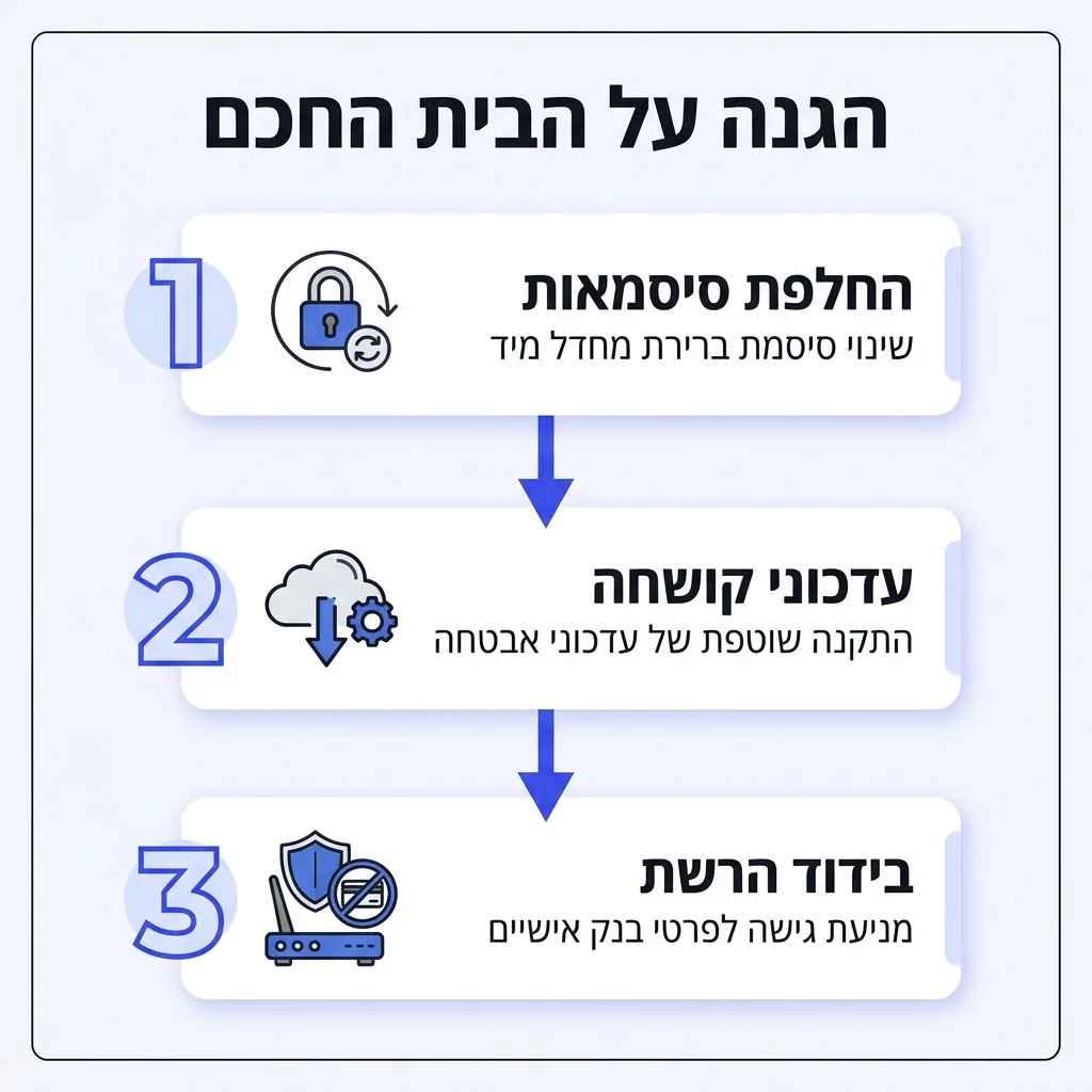 אינפוגרפיקה — הגנה על הבית החכם: החלפת סיסמאות, עדכוני קושחה, בידוד הרשת