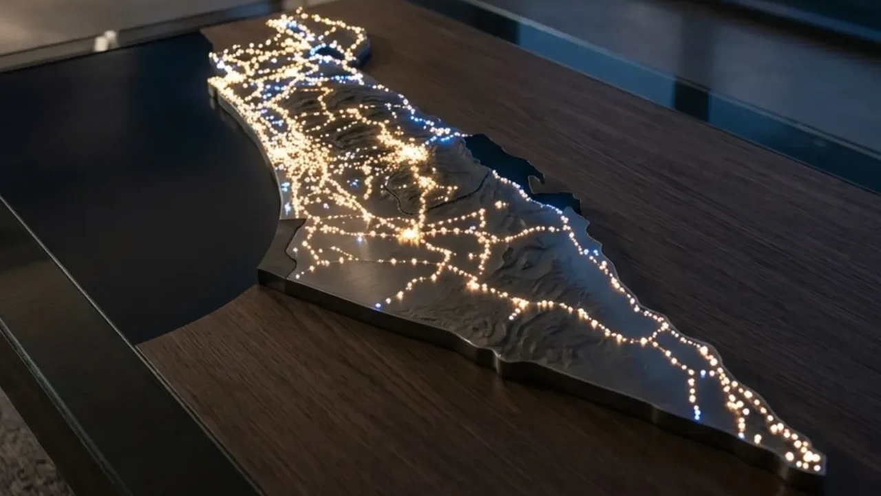 מפת ישראל מוארת בנקודות זוהרות המסמלות עמדות טעינה
