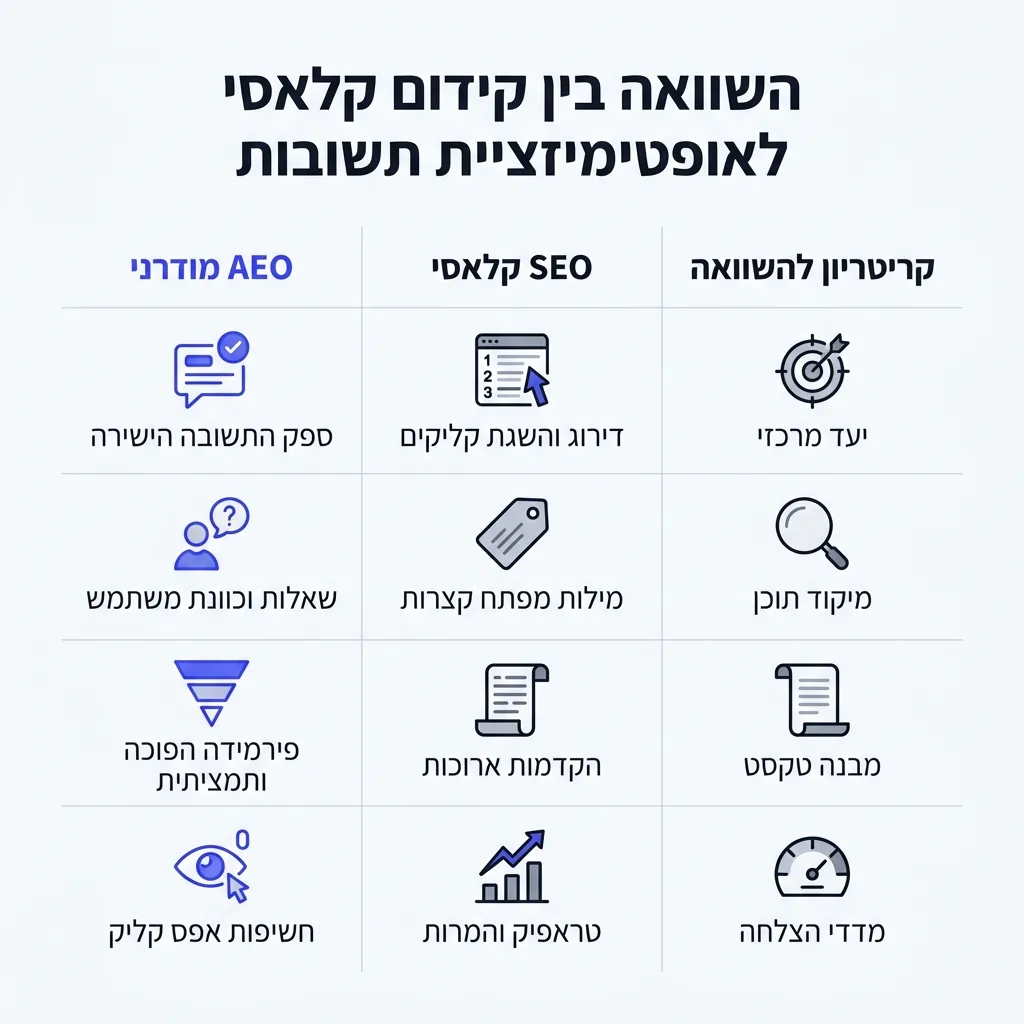 אינפוגרפיקה — השוואה בין קידום קלאסי לאופטימיזציית תשובות: השוואה בין SEO קלאסי, AEO מודרני