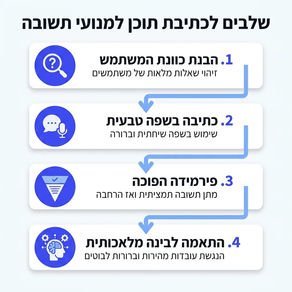 אינפוגרפיקה — שלבים לכתיבת תוכן למנועי תשובה: הבנת כוונת המשתמש, כתיבה בשפה טבעית, פירמידה הפוכה, התאמה לבינה מלאכותית