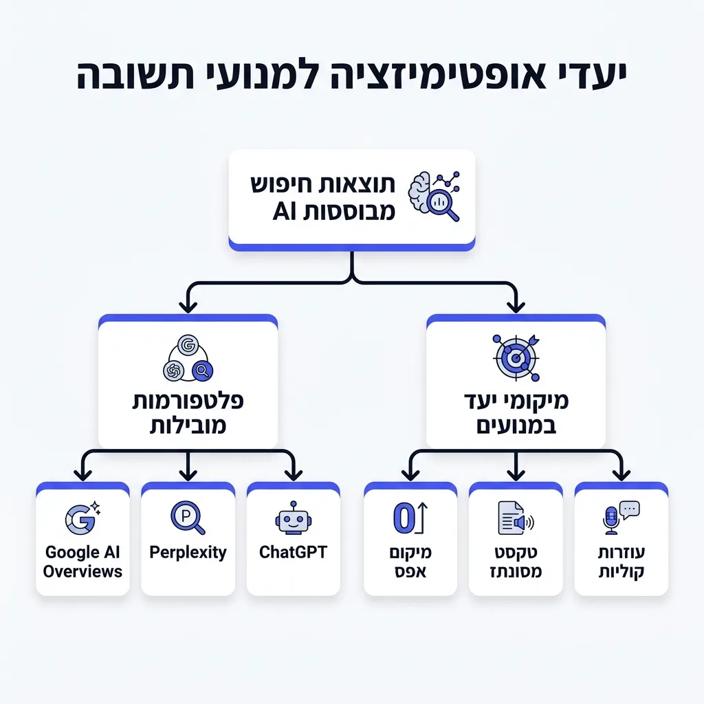 אינפוגרפיקה — יעדי אופטימיזציה למנועי תשובה: תוצאות חיפוש מבוססות AI