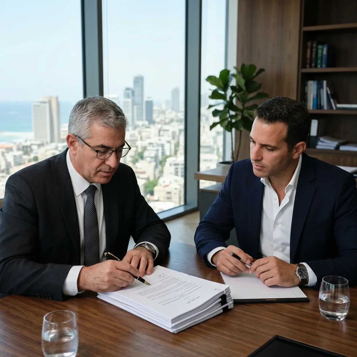 צילום פוטו-ריאליסטי של עורך דין ומשקיע יושבים במשרד יוקרתי בקומה גבוהה, עוברים בקפידה על מסמכים משפטיים מודפסים עם עט נובע ביד, אור שמש בהיר נכנס מבעד לחלון זכוכית גדול, פרטים חדים וברורים