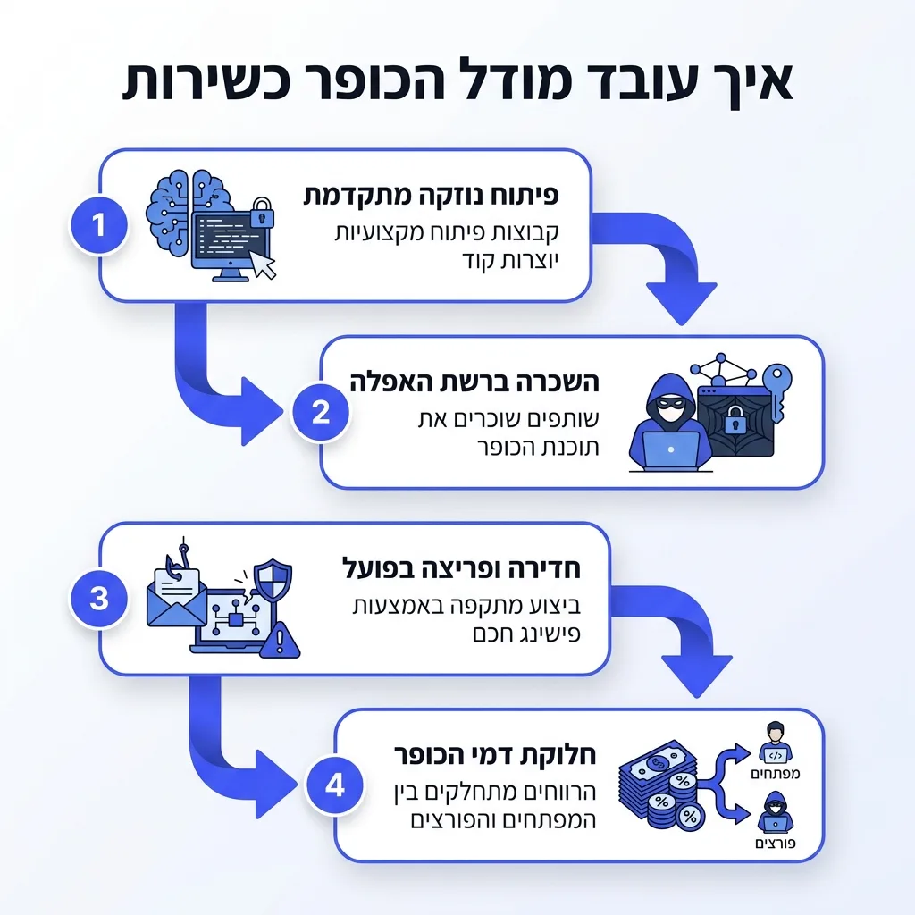 אינפוגרפיקה — איך עובד מודל הכופר כשירות: פיתוח נוזקה מתקדמת, השכרה ברשת האפלה, חדירה ופריצה בפועל, חלוקת דמי הכופר