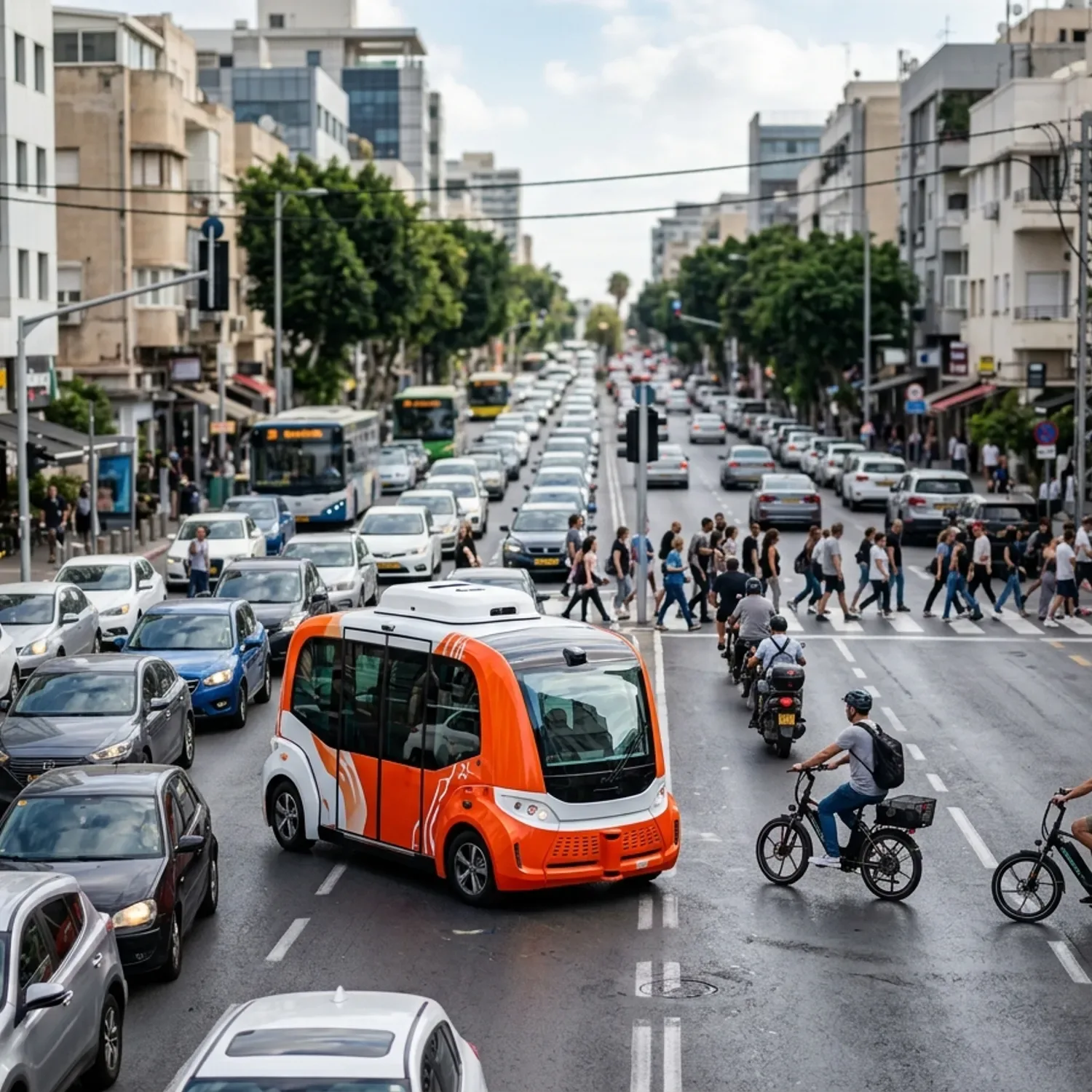 צילום חוץ פוטו-ריאליסטי של פקק תנועה במרכז תל אביב עם מונית רובוטית אוטונומית מעוצבת בצבעים בולטים, ברקע אופניים חשמליים והולכי רגל במעבר חצייה, אור יום טבעי, איכות תמונה גבוהה