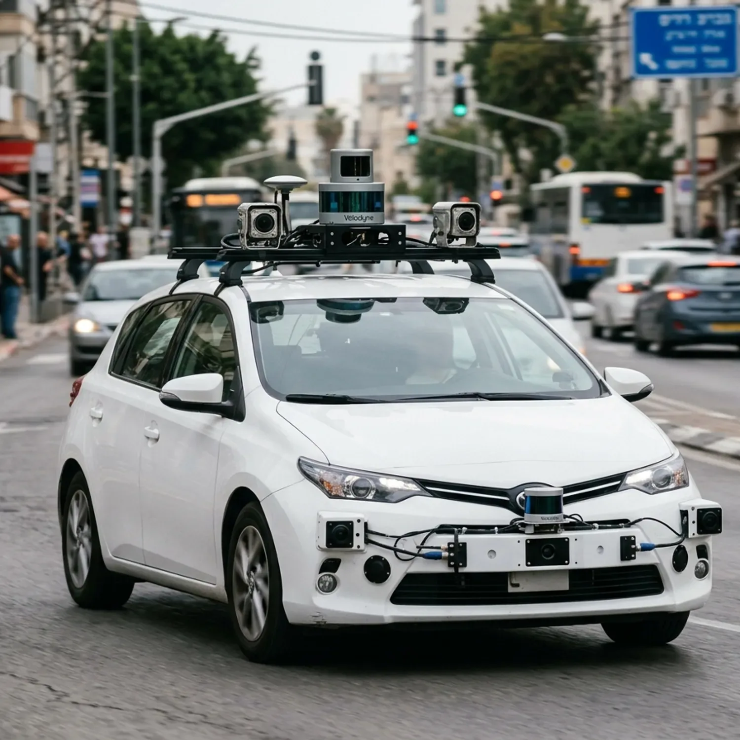 צילום ריאליסטי של מצלמות וחיישני ליידאר מתקדמים המותקנים על גג ועל פגושי רכב אוטונומי לבן בנסיעה בכביש עירוני, פוקוס חד על החיישנים עם רקע מטושטש של תנועה