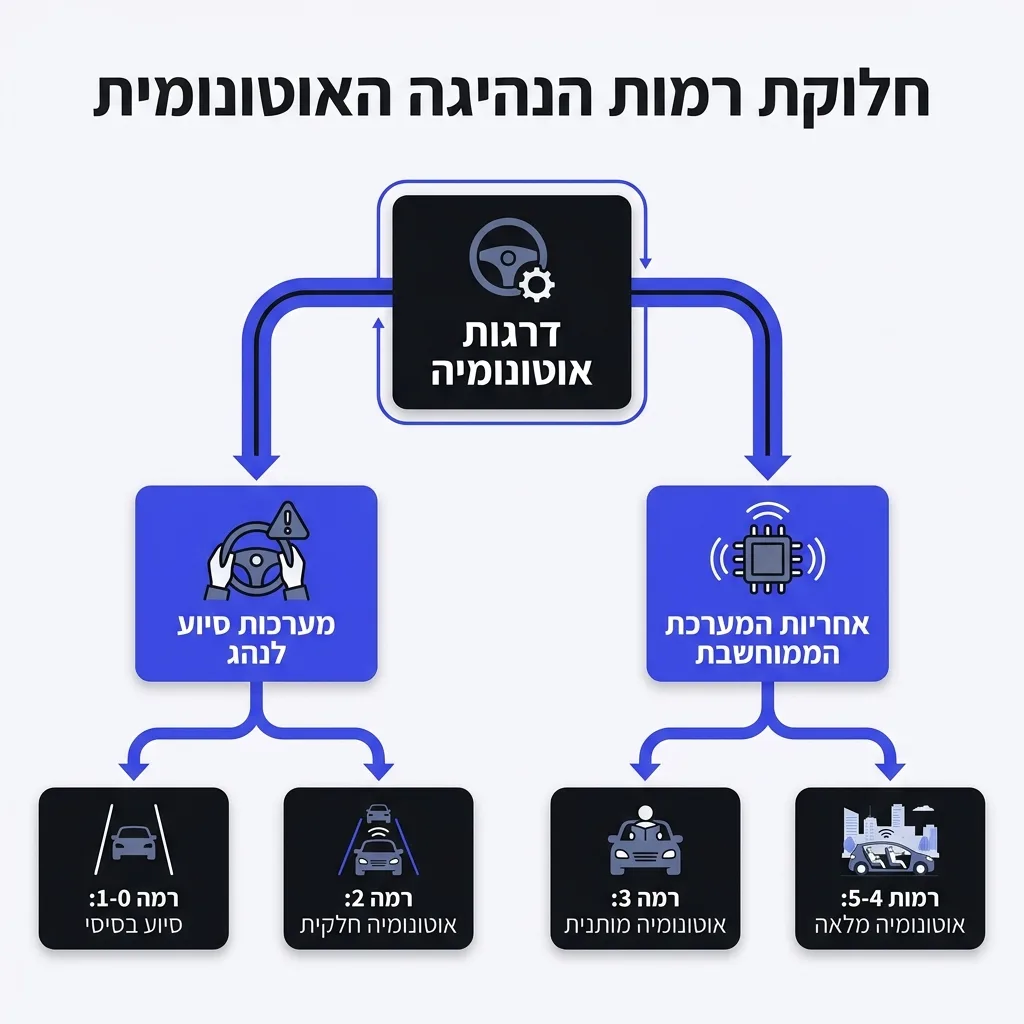 אינפוגרפיקה — חלוקת רמות הנהיגה האוטונומית: דרגות אוטונומיה