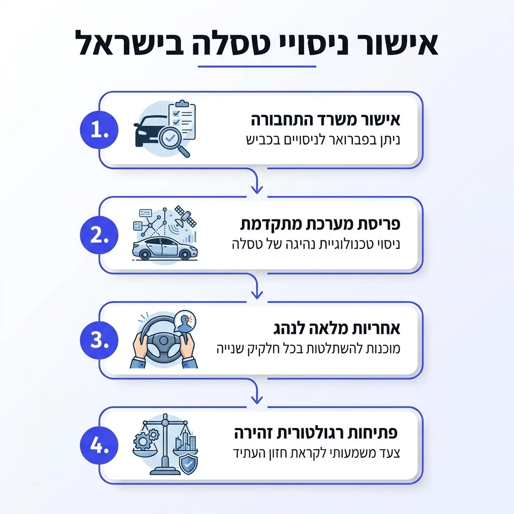אינפוגרפיקה — אישור ניסויי טסלה בישראל: אישור משרד התחבורה, פריסת מערכת מתקדמת, אחריות מלאה לנהג, פתיחות רגולטורית זהירה