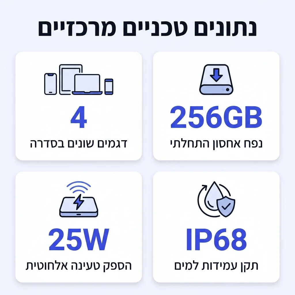אינפוגרפיקה — נתונים טכניים מרכזיים: דגמים שונים בסדרה, נפח אחסון התחלתי, הספק טעינה אלחוטית, תקן עמידות למים