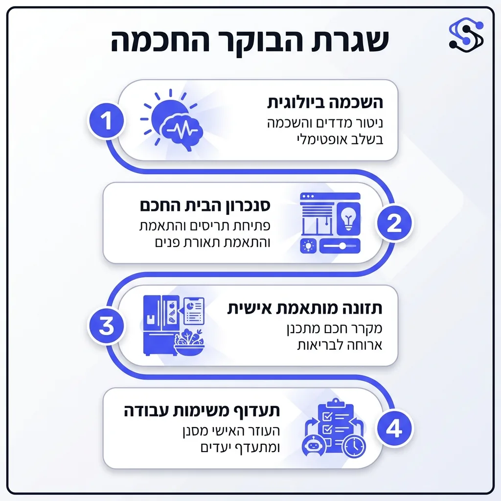 אינפוגרפיקה — שגרת הבוקר החכמה: השכמה ביולוגית, סנכרון הבית החכם, תזונה מותאמת אישית, תעדוף משימות עבודה