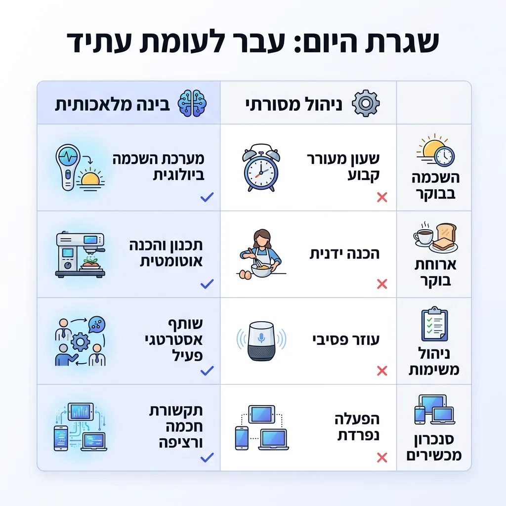 אינפוגרפיקה — שגרת היום: עבר לעומת עתיד: השוואה בין ניהול מסורתי, בינה מלאכותית