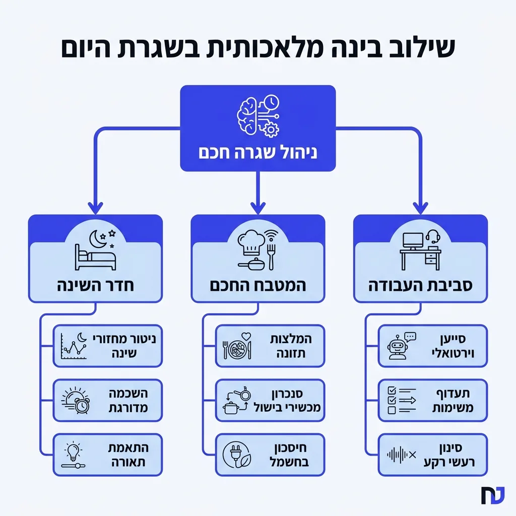 אינפוגרפיקה — שילוב בינה מלאכותית בשגרת היום: ניהול שגרה חכם