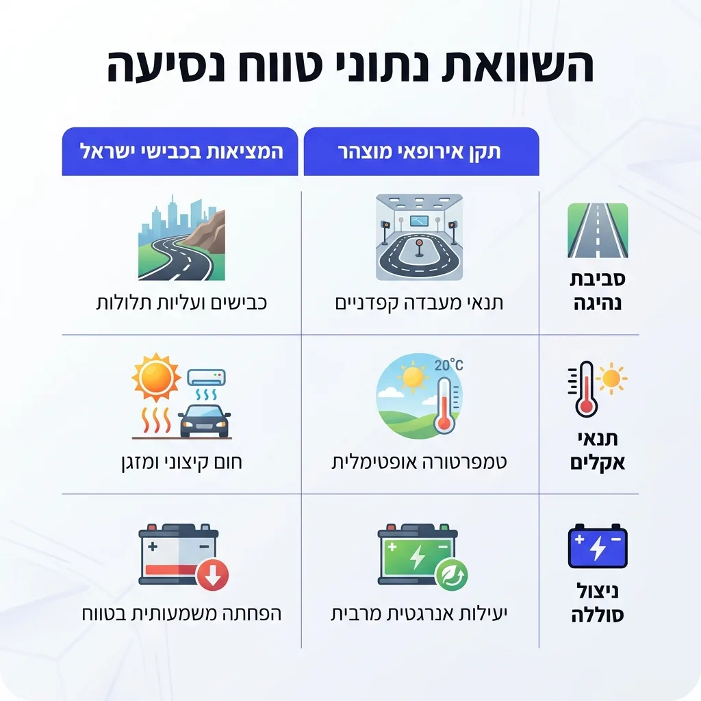 אינפוגרפיקה — השוואת נתוני טווח נסיעה: השוואה בין תקן אירופאי מוצהר, המציאות בכבישי ישראל