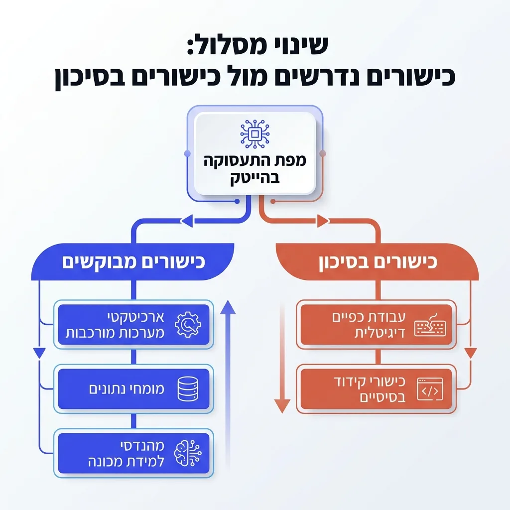 אינפוגרפיקה — שינוי מסלול: כישורים נדרשים מול כישורים בסיכון: מפת התעסוקה בהייטק