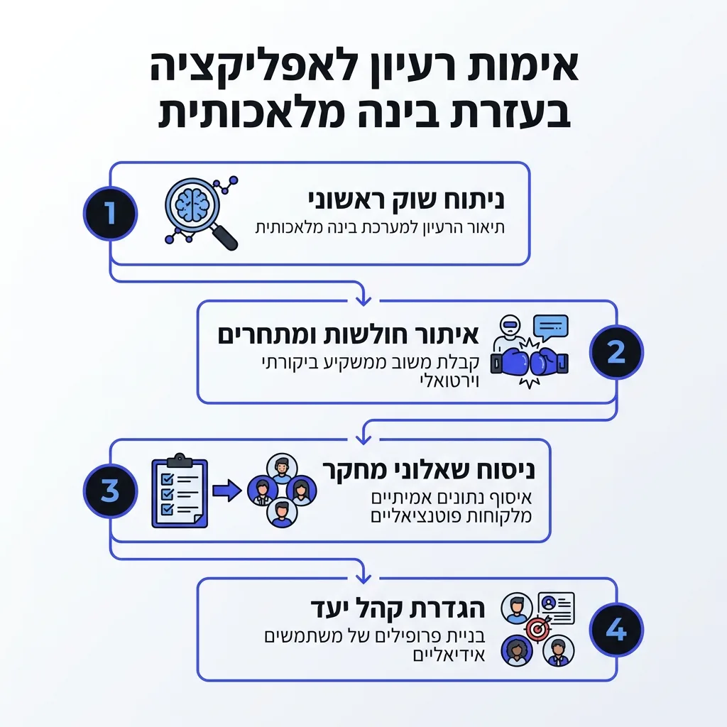 אינפוגרפיקה — אימות רעיון לאפליקציה בעזרת בינה מלאכותית: ניתוח שוק ראשוני, איתור חולשות ומתחרים, ניסוח שאלוני מחקר, הגדרת קהל