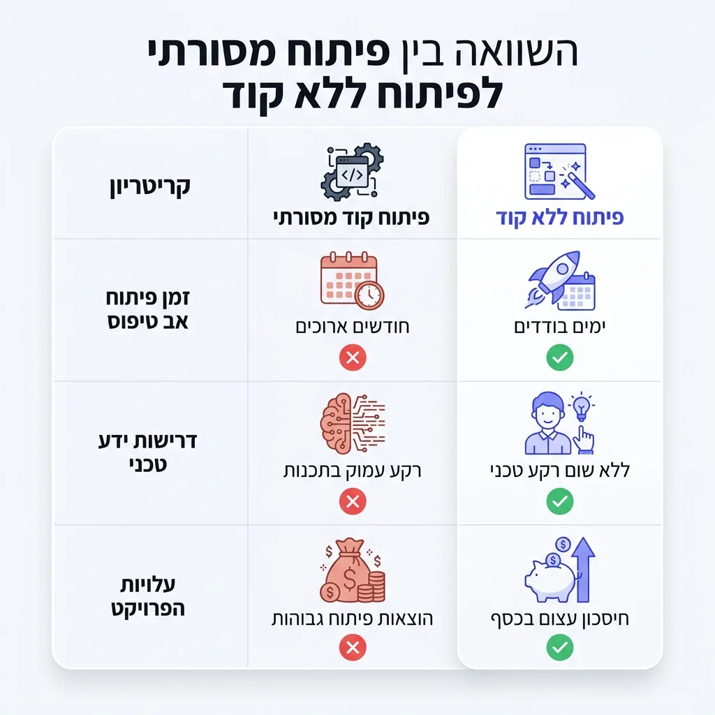 אינפוגרפיקה — השוואה בין פיתוח מסורתי לפיתוח ללא קוד: השוואה בין פיתוח קוד מסורתי, פיתוח ללא קוד