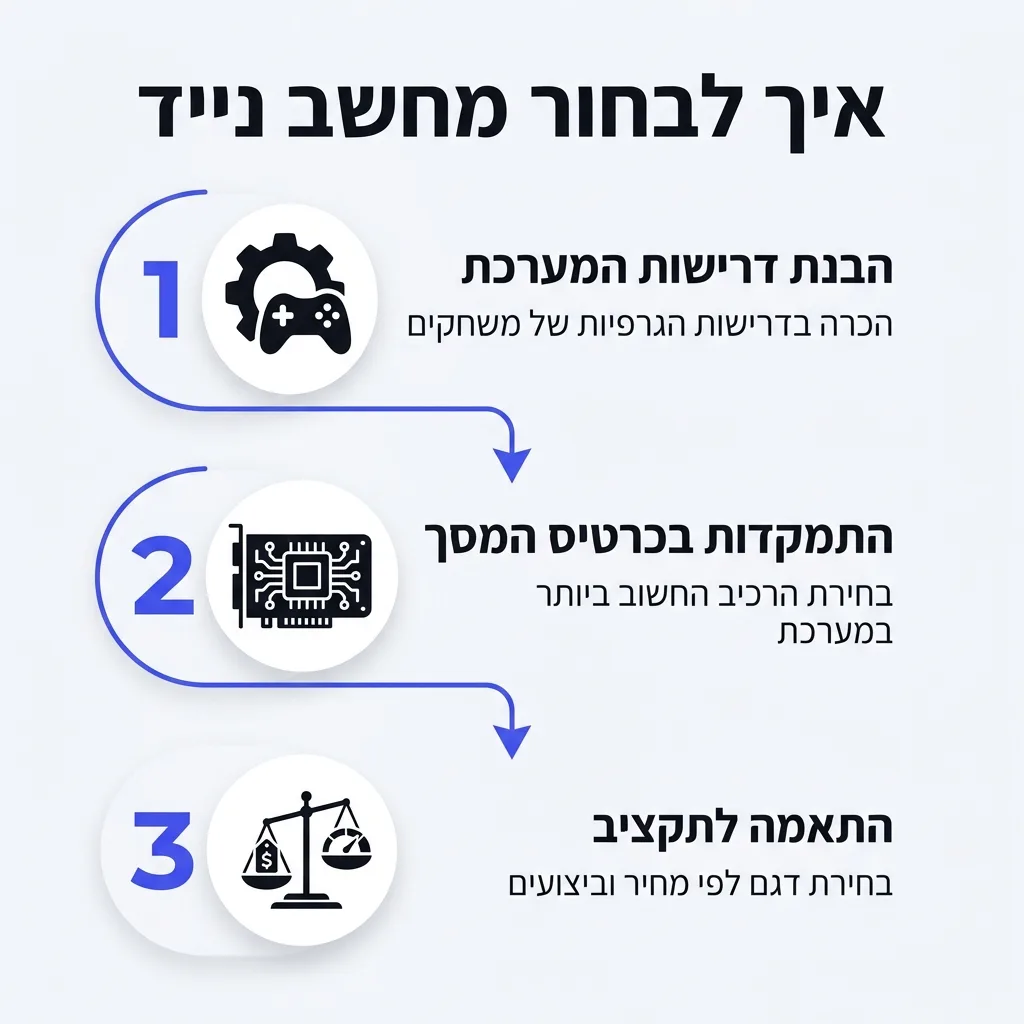 אינפוגרפיקה — איך לבחור מחשב נייד: הבנת דרישות המערכת, התמקדות בכרטיס המסך, התאמה לתקציב