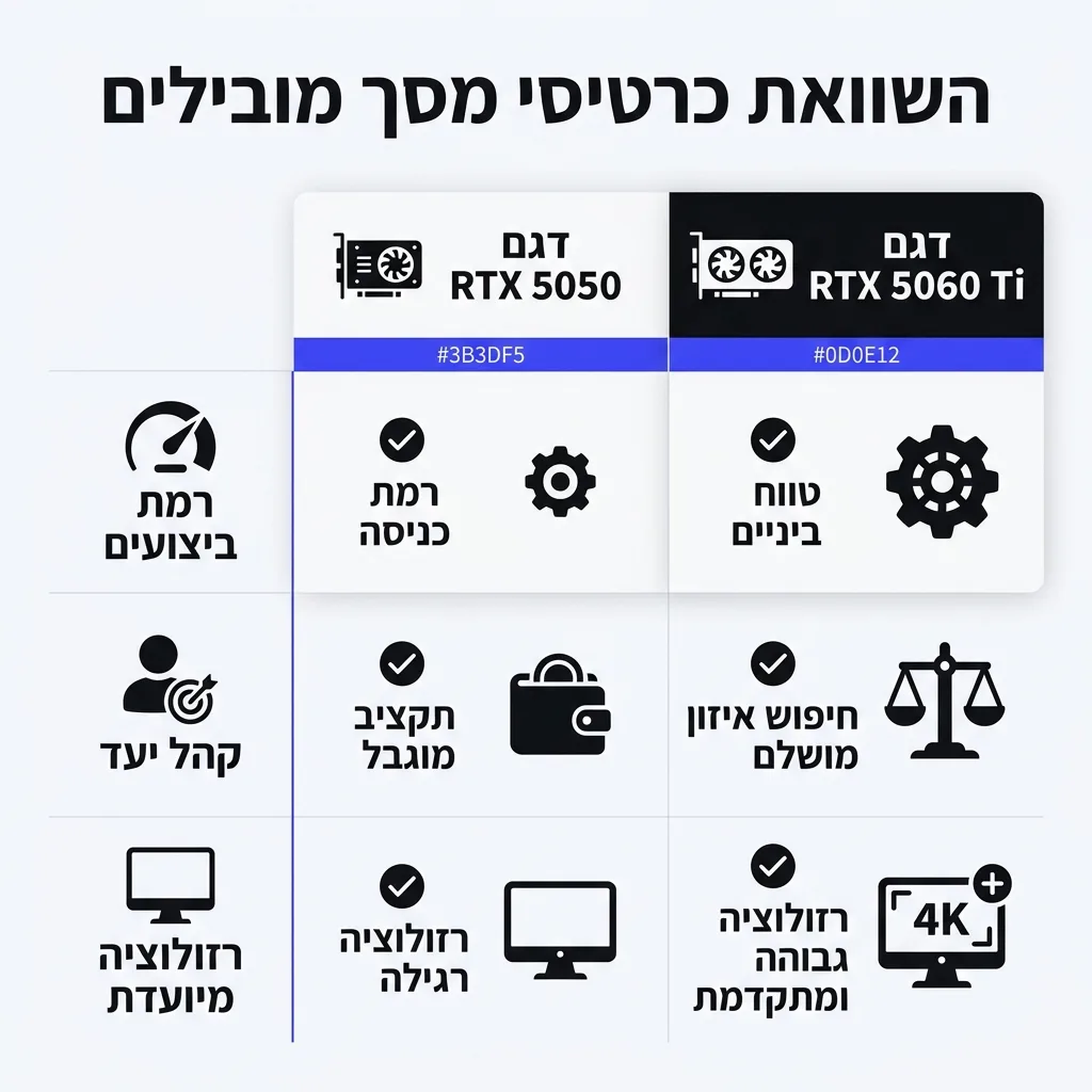 אינפוגרפיקה — השוואת כרטיסי מסך מובילים: השוואה בין דגם RTX 5050, דגם RTX 5060 Ti