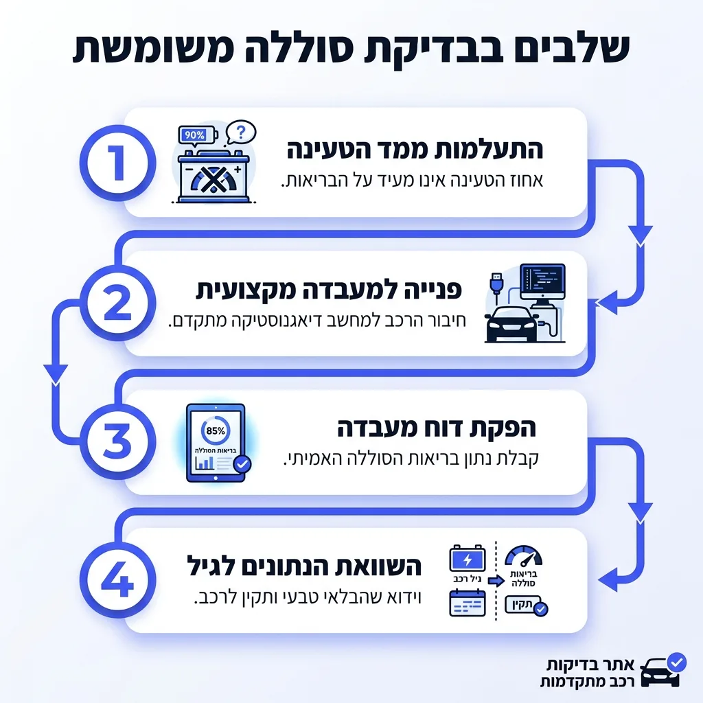אינפוגרפיקה — שלבים בבדיקת סוללה משומשת: התעלמות ממד הטעינה, פנייה למעבדה מקצועית, הפקת דוח מעבדה, השוואת הנתונים לגיל