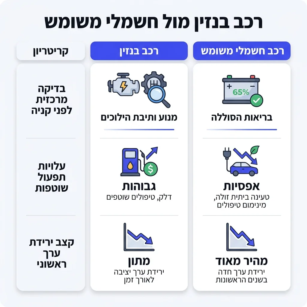 אינפוגרפיקה — רכב בנזין מול חשמלי משומש: השוואה בין רכב בנזין, רכב חשמלי משומש