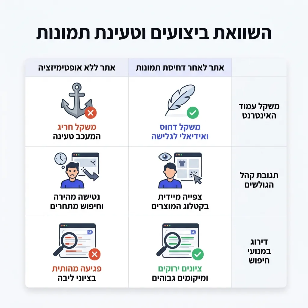 אינפוגרפיקה — השוואת ביצועים וטעינת תמונות: השוואה בין אתר ללא אופטימיזציה, אתר לאחר דחיסת תמונות