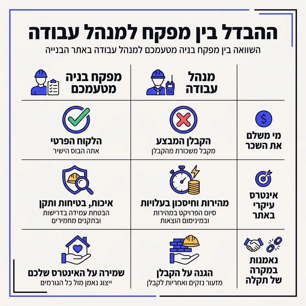 אינפוגרפיקה — ההבדל בין מפקח למנהל עבודה: השוואה בין מפקח בניה מטעמכם, מנהל עבודה