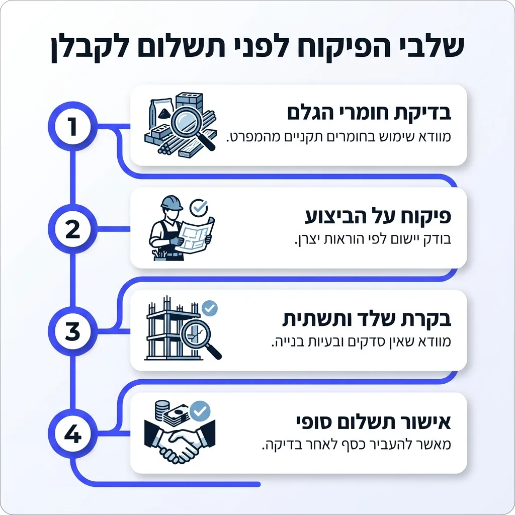 אינפוגרפיקה — שלבי הפיקוח לפני תשלום לקבלן: בדיקת חומרי הגלם, פיקוח על הביצוע, בקרת שלד ותשתית, אישור תשלום סופי