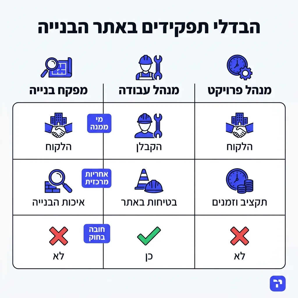 אינפוגרפיקה — הבדלי תפקידים באתר הבנייה: השוואה בין מפקח בנייה, מנהל עבודה, מנהל פרויקט