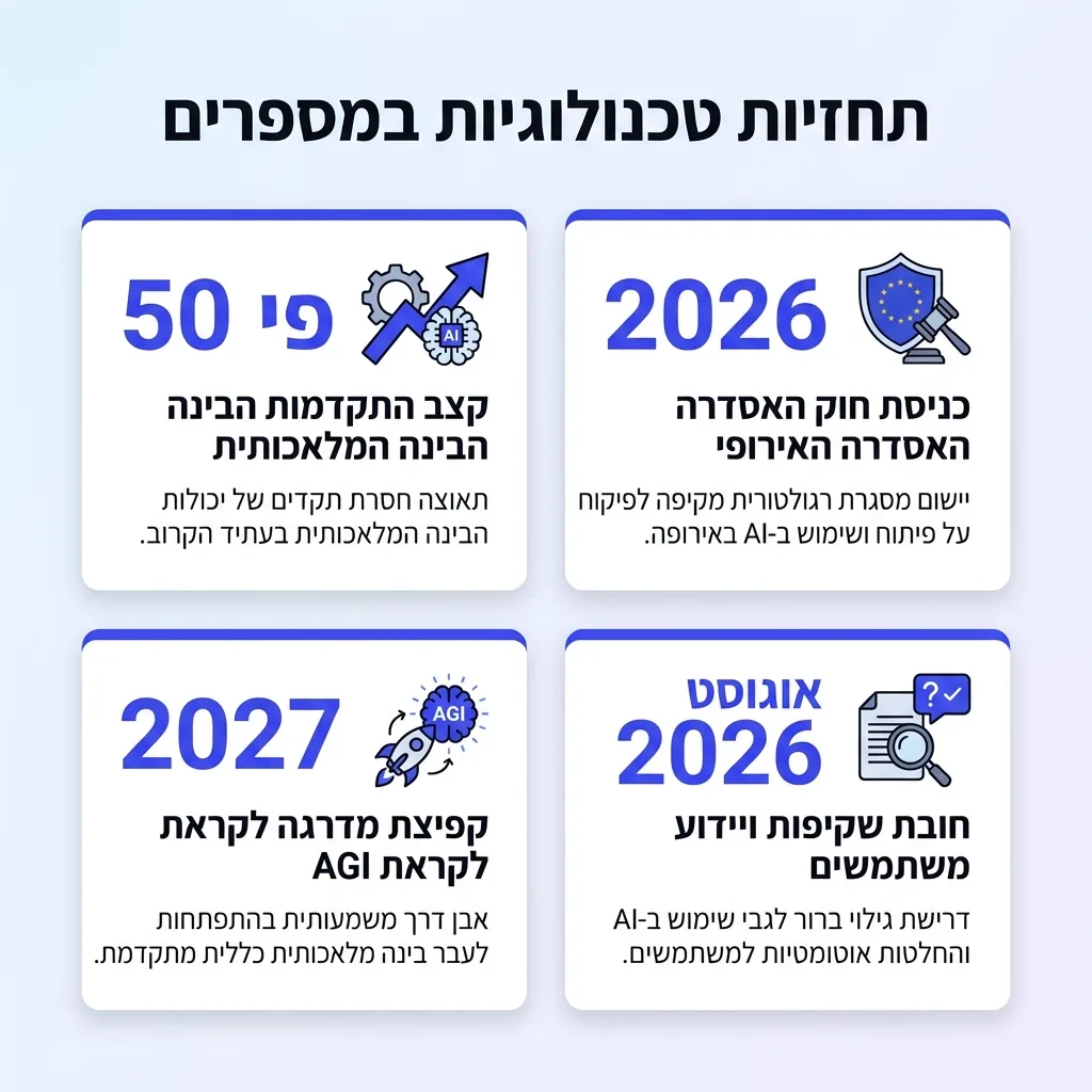 אינפוגרפיקה — תחזיות טכנולוגיות במספרים: קצב התקדמות הבינה המלאכותית, כניסת חוק האסדרה האירופי, קפיצת מדרגה לקראת AGI, חובת ש