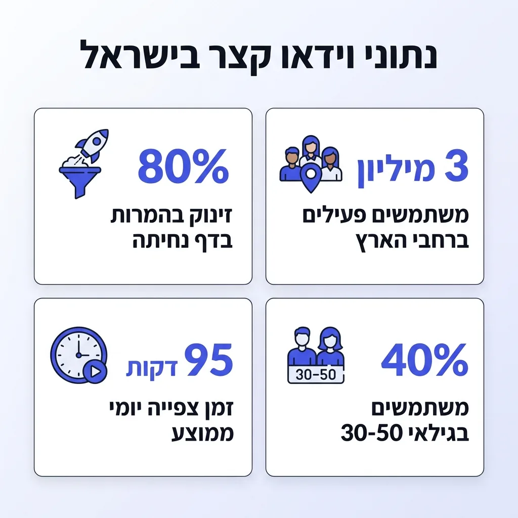 אינפוגרפיקה — נתוני וידאו קצר בישראל: זינוק בהמרות בדף נחיתה, משתמשים פעילים ברחבי הארץ, זמן צפייה יומי ממוצע, משתמשים בגילאי
