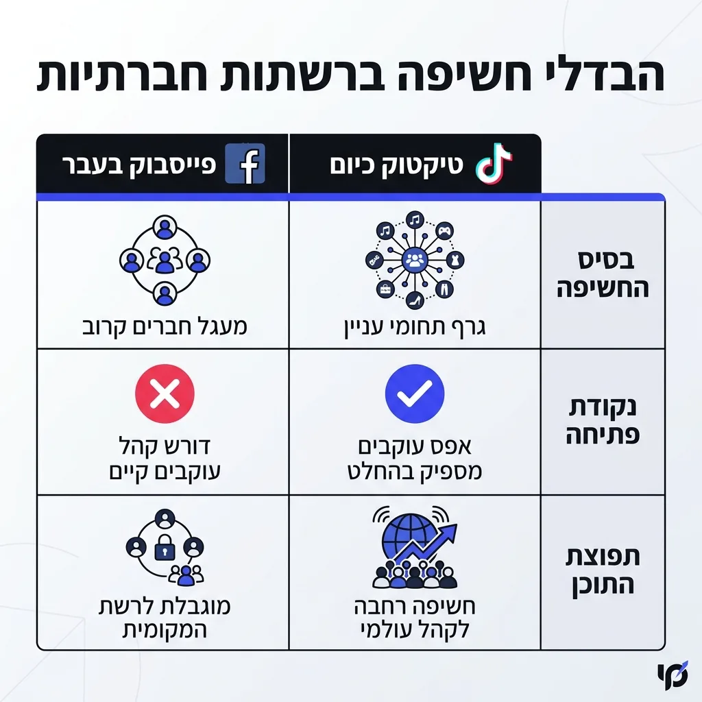 אינפוגרפיקה — הבדלי חשיפה ברשתות חברתיות: השוואה בין פייסבוק בעבר, טיקטוק כיום