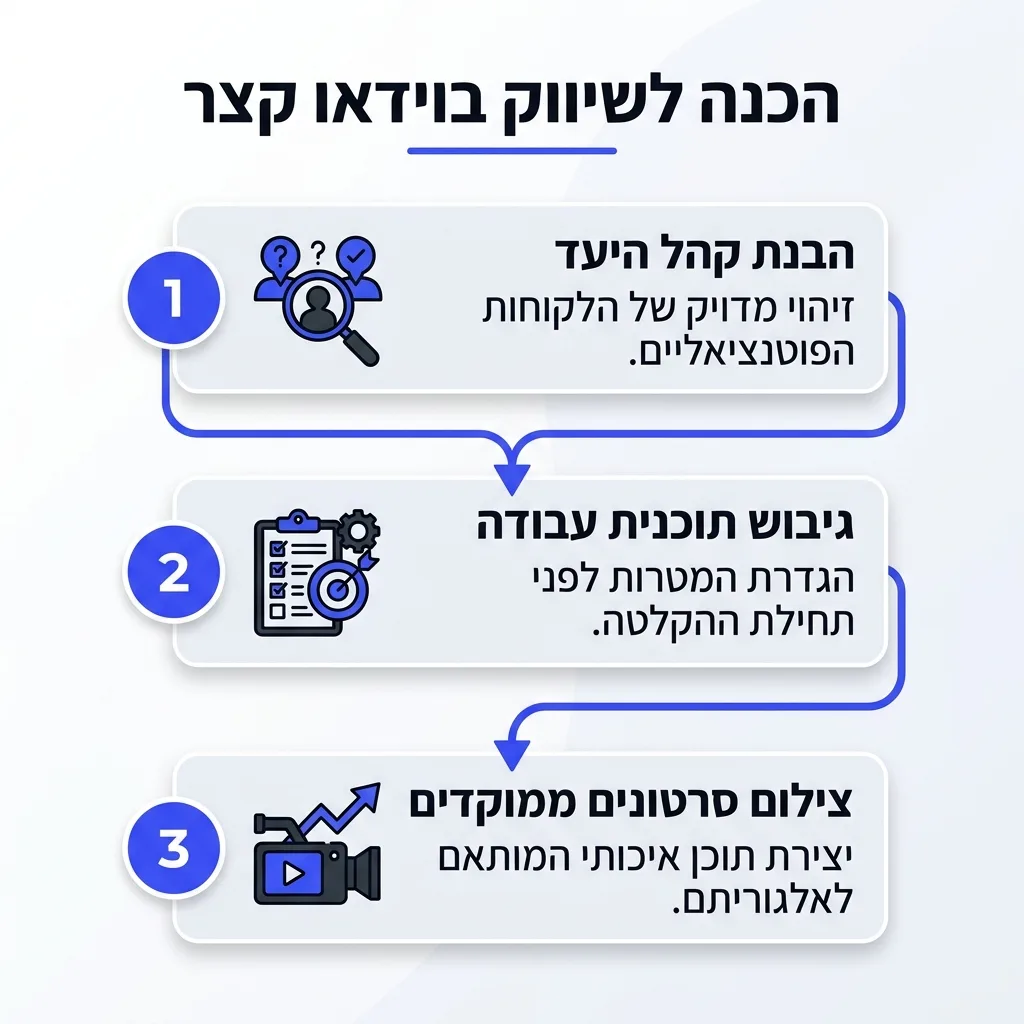 אינפוגרפיקה — הכנה לשיווק בוידאו קצר: הבנת קהל היעד, גיבוש תוכנית עבודה, צילום סרטונים ממוקדים