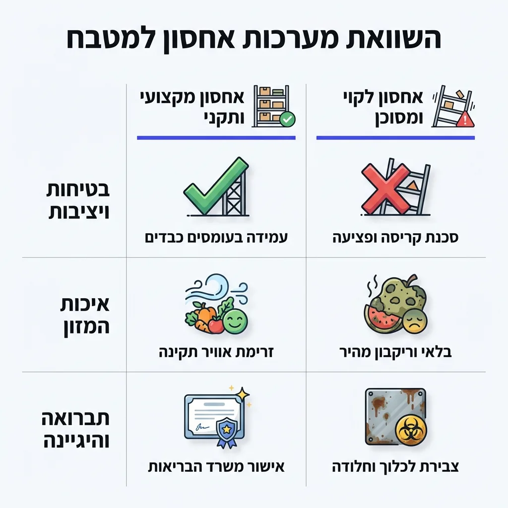 אינפוגרפיקה — השוואת מערכות אחסון למטבח: השוואה בין אחסון מקצועי ותקני, אחסון לקוי ומסוכן