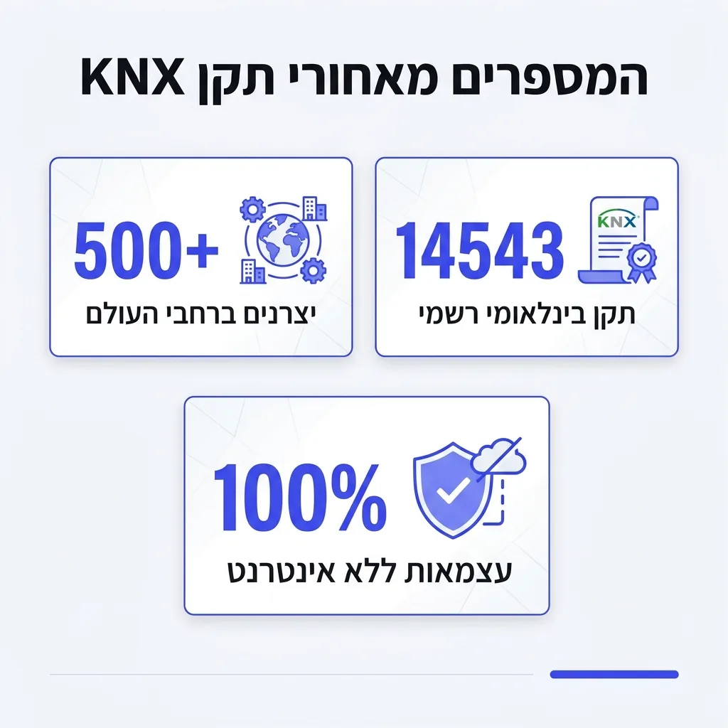 אינפוגרפיקה — המספרים מאחורי תקן KNX: יצרנים ברחבי העולם, תקן בינלאומי רשמי, עצמאות ללא אינטרנט