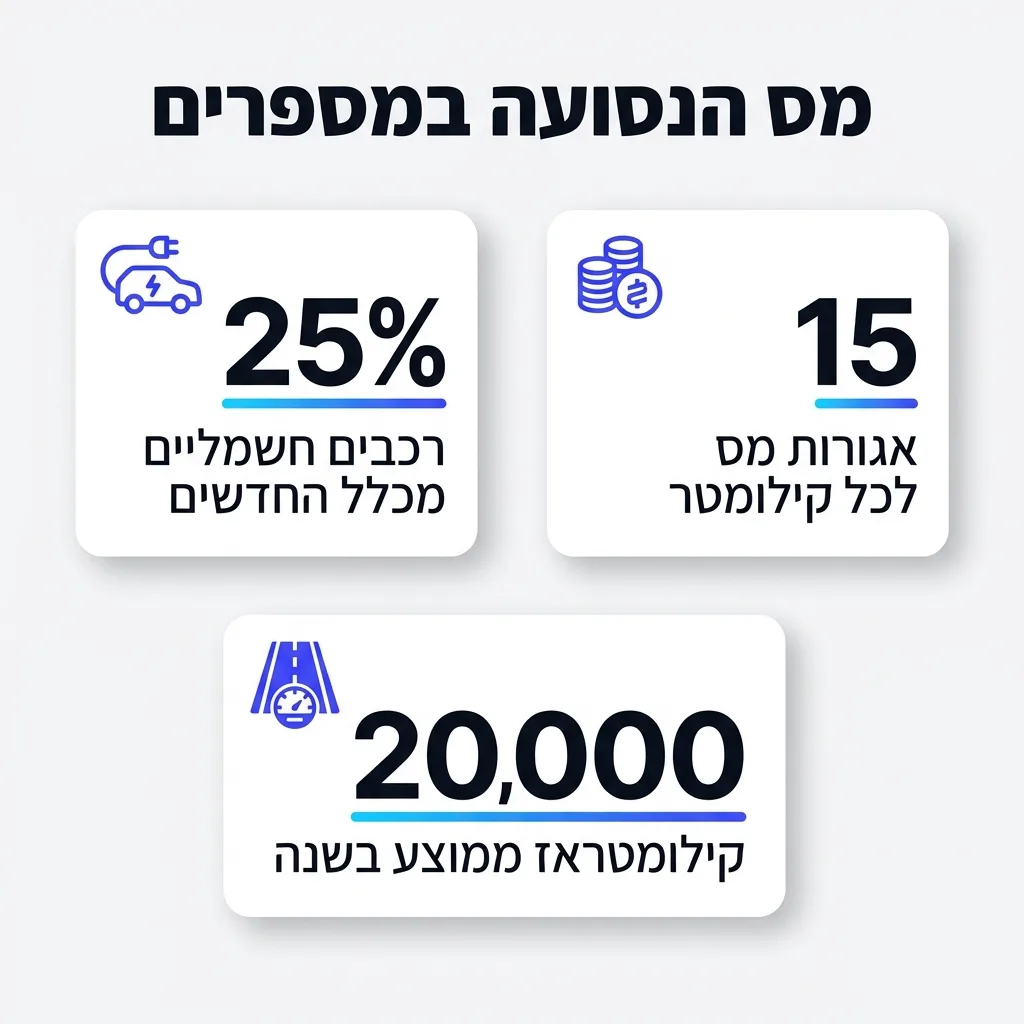 אינפוגרפיקה — מס הנסועה במספרים: רכבים חשמליים מכלל החדשים, אגורות מס לכל קילומטר, קילומטראז ממוצע בשנה