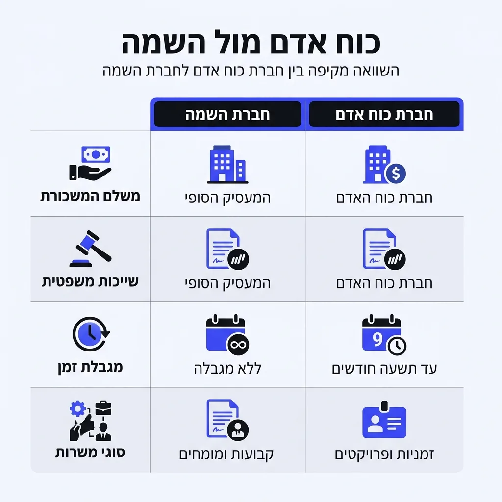 אינפוגרפיקה — כוח אדם מול השמה: השוואה בין חברת כוח אדם, חברת השמה