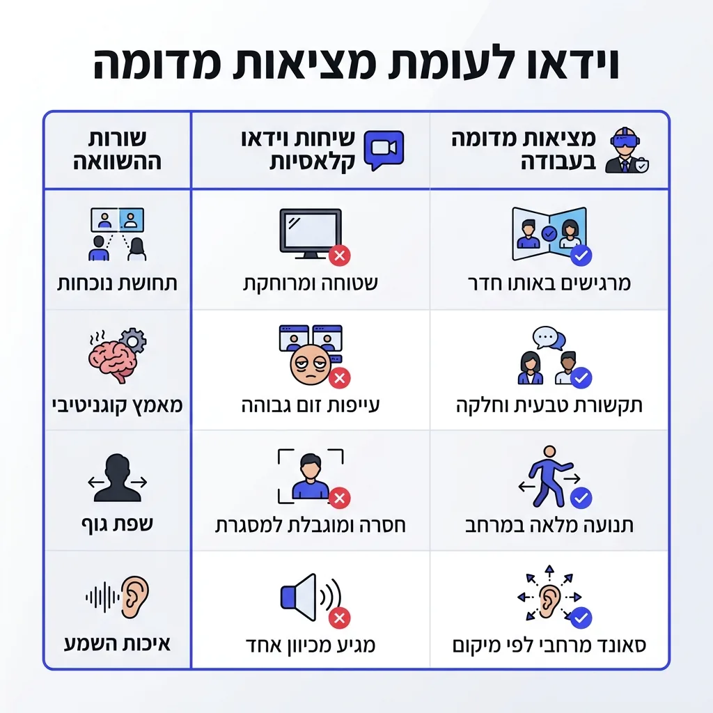 אינפוגרפיקה — וידאו לעומת מציאות מדומה: השוואה בין שיחות וידאו קלאסיות, מציאות מדומה בעבודה