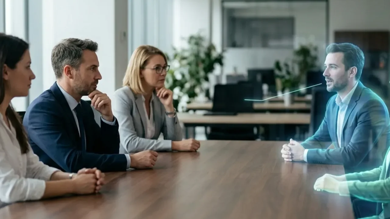 אנשים יושבים מסביב לשולחן ישיבות ריק ודמויות אווטאר הולוגרפיות מופיעות בכיסאות מולם