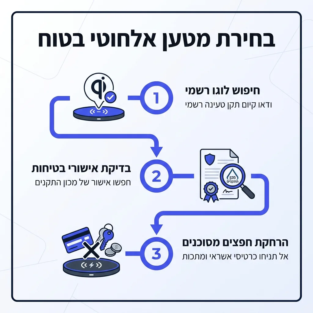 אינפוגרפיקה — בחירת מטען אלחוטי בטוח: חיפוש לוגו רשמי, בדיקת אישורי בטיחות, הרחקת חפצים מסוכנים