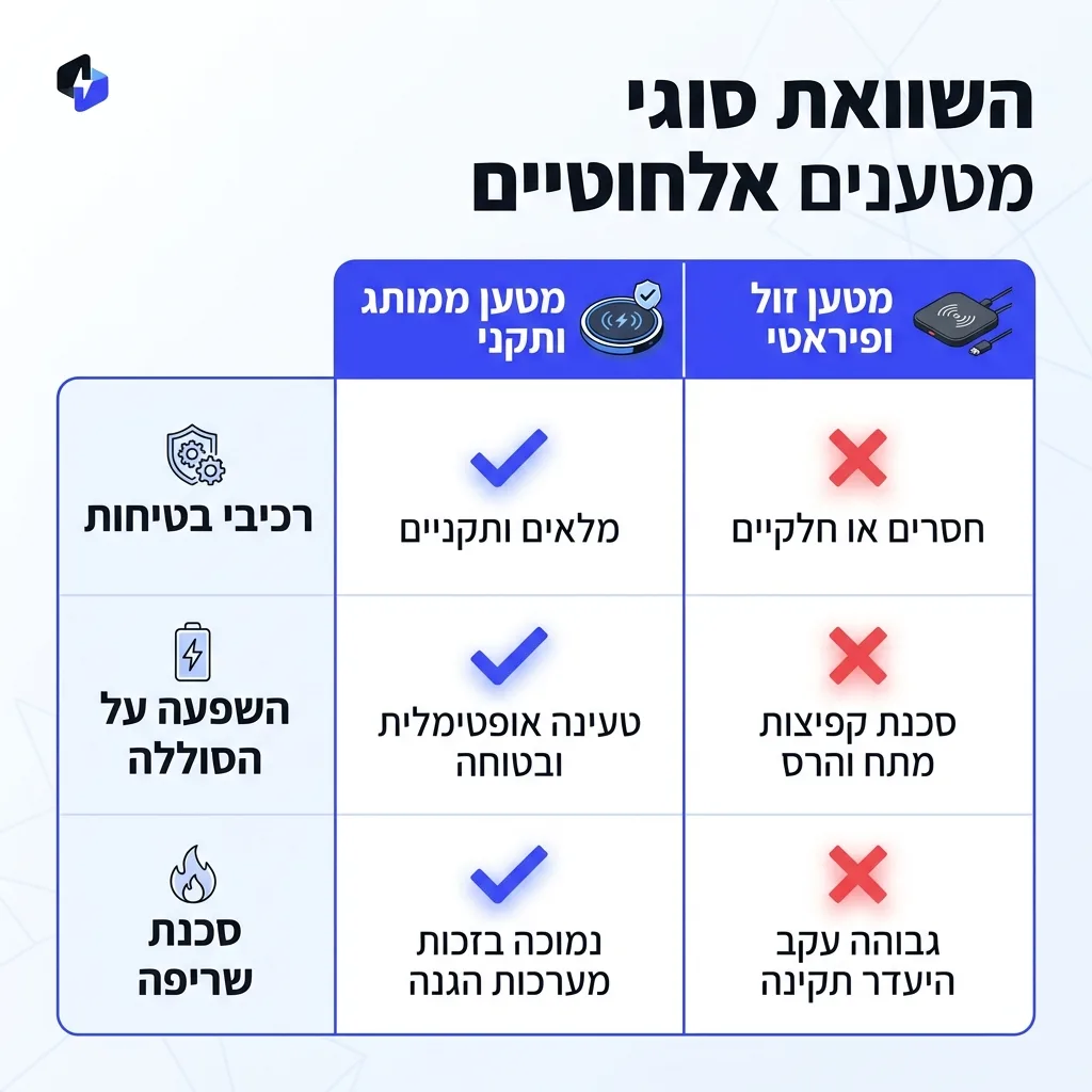 אינפוגרפיקה — השוואת סוגי מטענים אלחוטיים: השוואה בין מטען ממותג ותקני, מטען זול ופיראטי