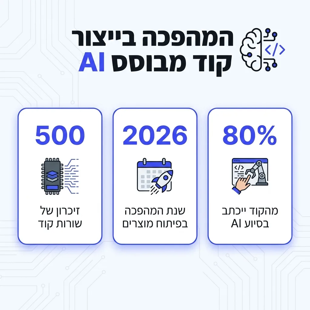 אינפוגרפיקה — המהפכה בייצור קוד מבוסס AI: מהקוד ייכתב בסיוע AI, שנת המהפכה בפיתוח מוצרים, זיכרון של שורות קוד