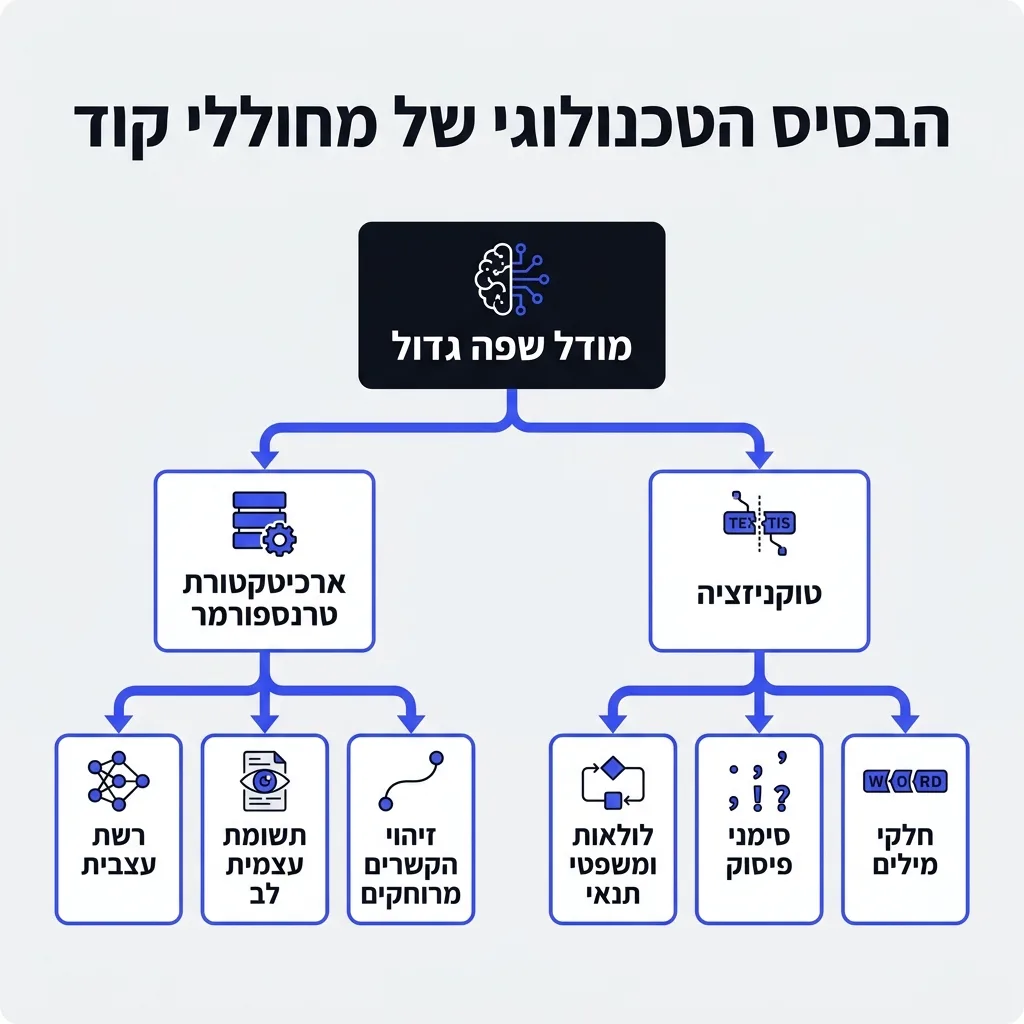 אינפוגרפיקה — הבסיס הטכנולוגי של מחוללי קוד: מודל שפה גדול