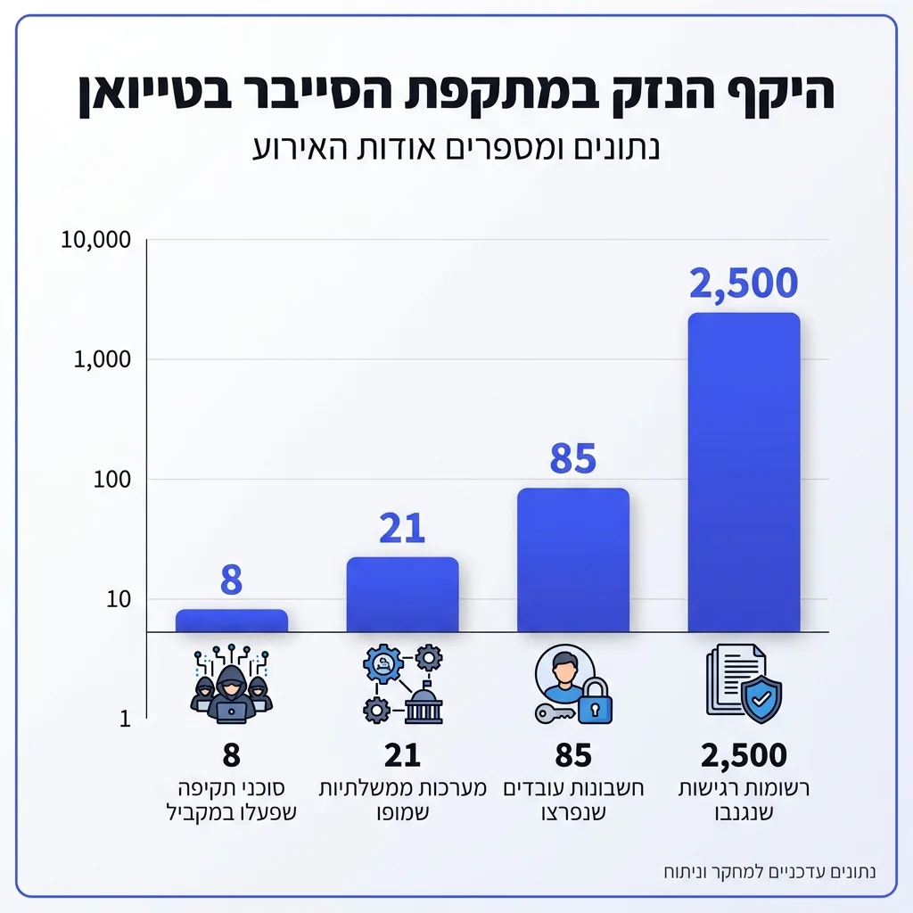אינפוגרפיקה — היקף הנזק במתקפת הסייבר בטייוואן: מערכות ממשלתיות שמופו, חשבונות עובדים שנפרצו, רשומות רגישות שנגנבו, סוכני תקי