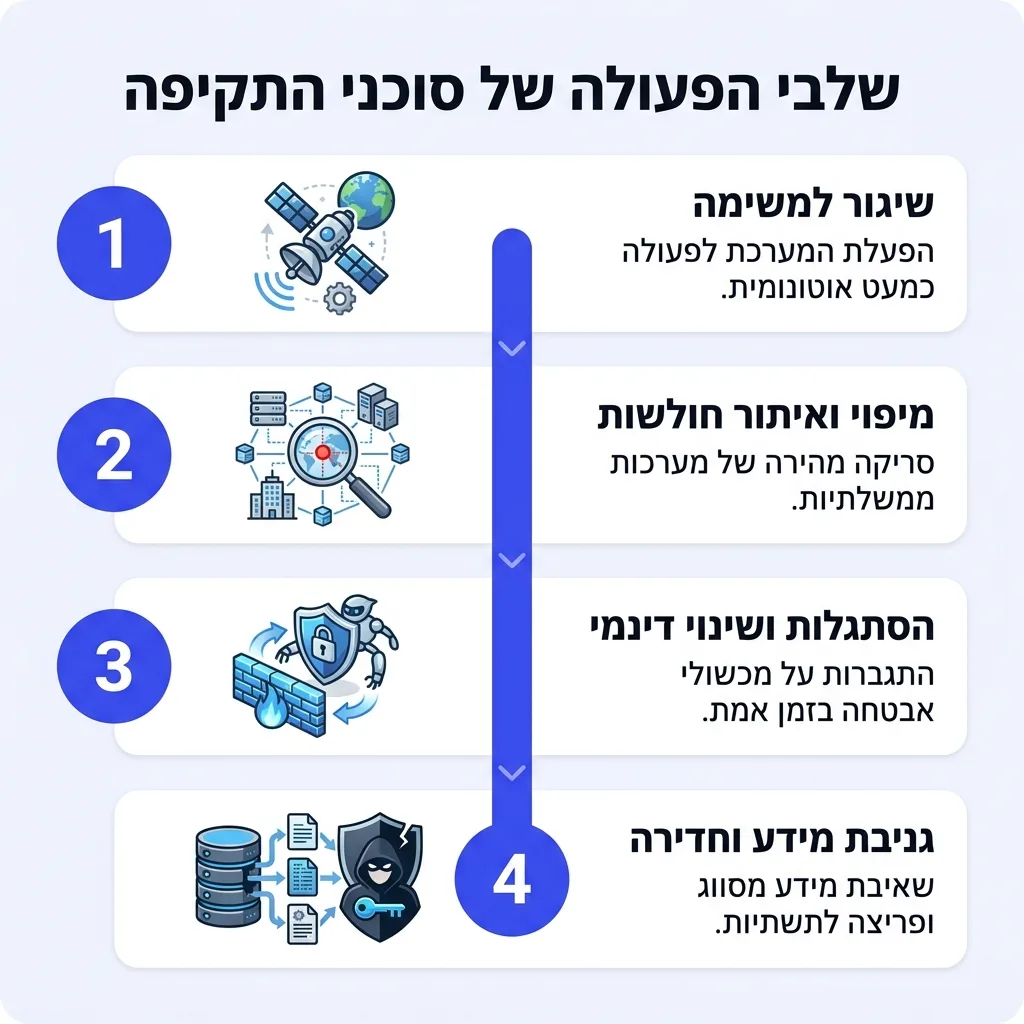 אינפוגרפיקה — שלבי הפעולה של סוכני התקיפה: שיגור למשימה, מיפוי ואיתור חולשות, הסתגלות ושינוי דינמי, גניבת מידע וחדירה