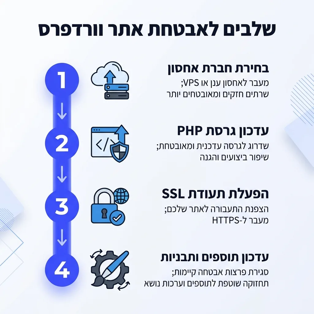 אינפוגרפיקה — שלבים לאבטחת אתר וורדפרס: בחירת חברת אחסון, עדכון גרסת PHP, הפעלת תעודת SSL, עדכון תוספים ותבניות