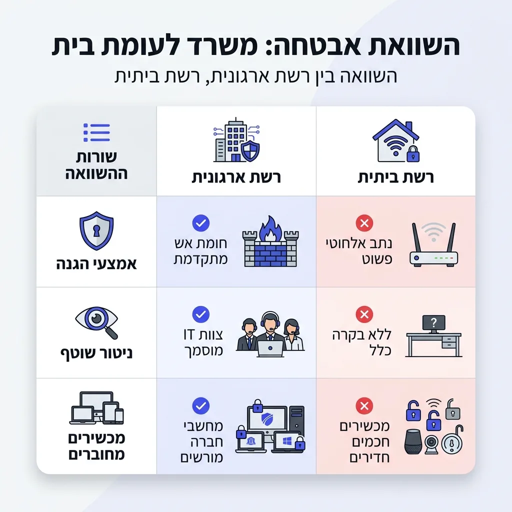 אינפוגרפיקה — השוואת אבטחה: משרד לעומת בית: השוואה בין רשת ארגונית, רשת ביתית