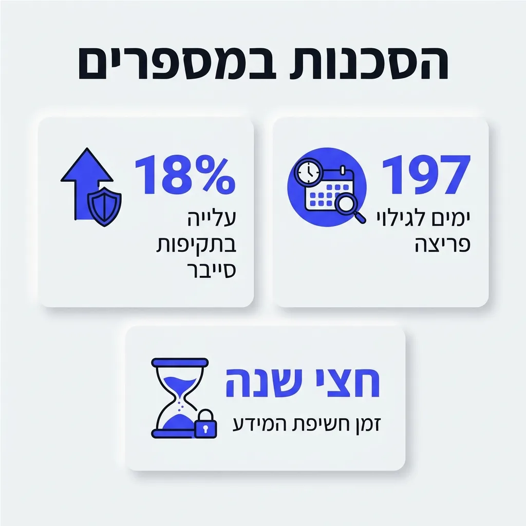 אינפוגרפיקה — הסכנות במספרים: עלייה בתקיפות סייבר, ימים לגילוי פריצה, זמן חשיפת המידע