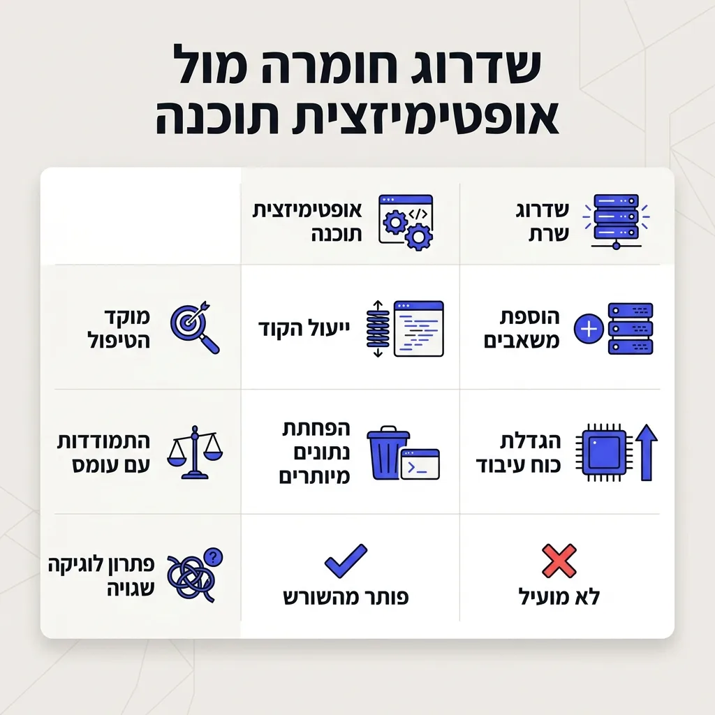 אינפוגרפיקה — שדרוג חומרה מול אופטימיזציית תוכנה: השוואה בין שדרוג שרת, אופטימיזציית תוכנה