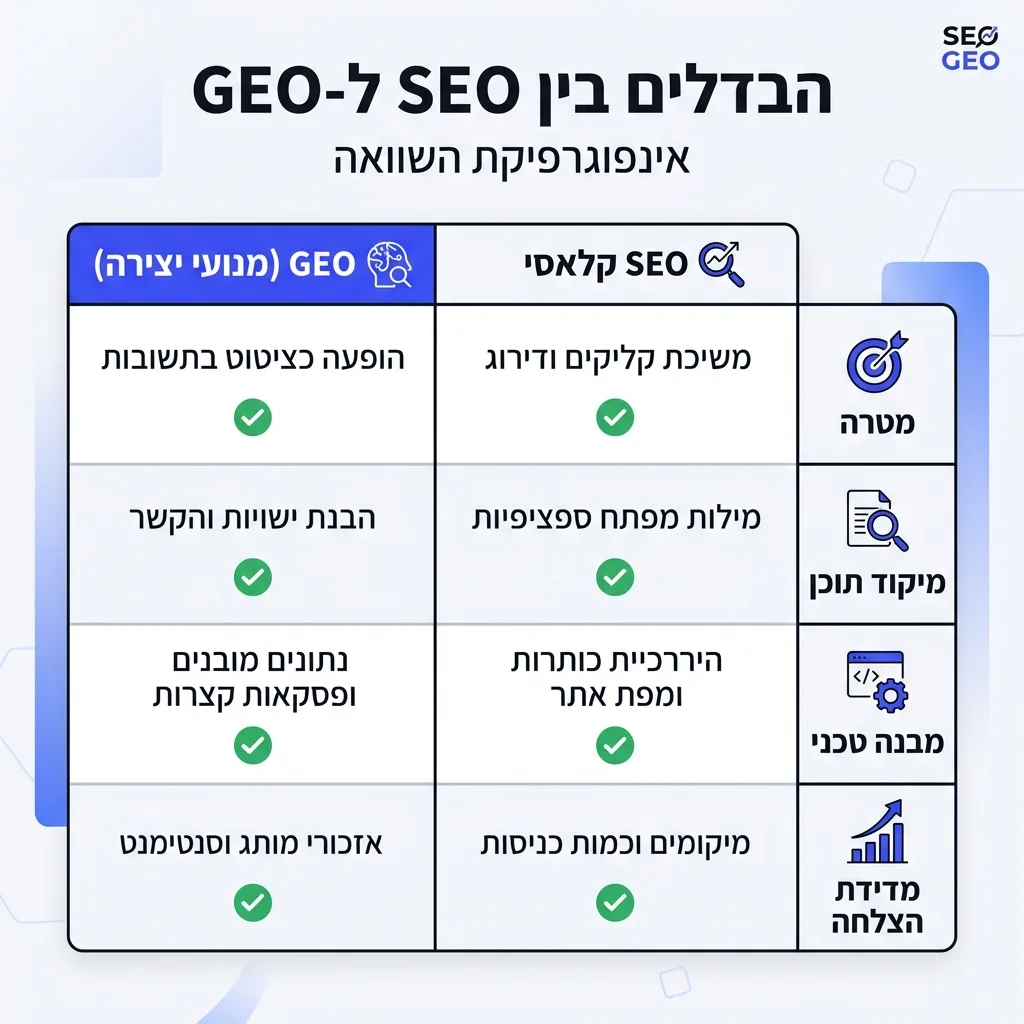 אינפוגרפיקה — הבדלים בין SEO ל-GEO: השוואה בין SEO קלאסי, GEO (מנועי יצירה)