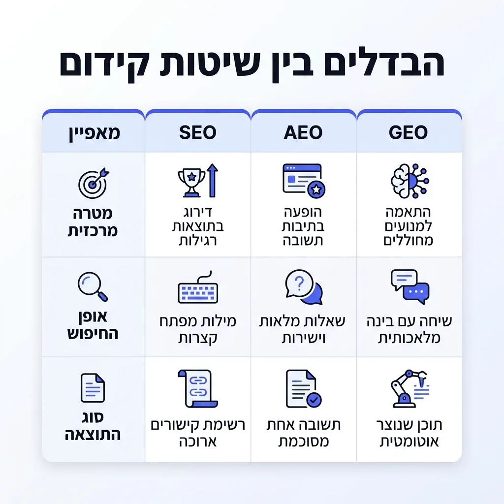 אינפוגרפיקה — הבדלים בין שיטות קידום: השוואה בין SEO, AEO, GEO